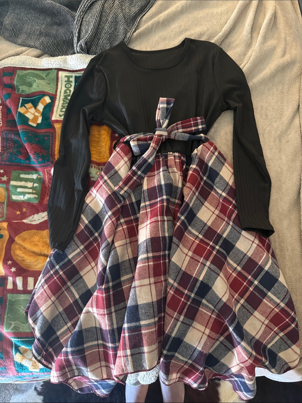 SHEIN Black Ribbed Top with Red, Navy & Cream Plaid Skirt Girls' Dress